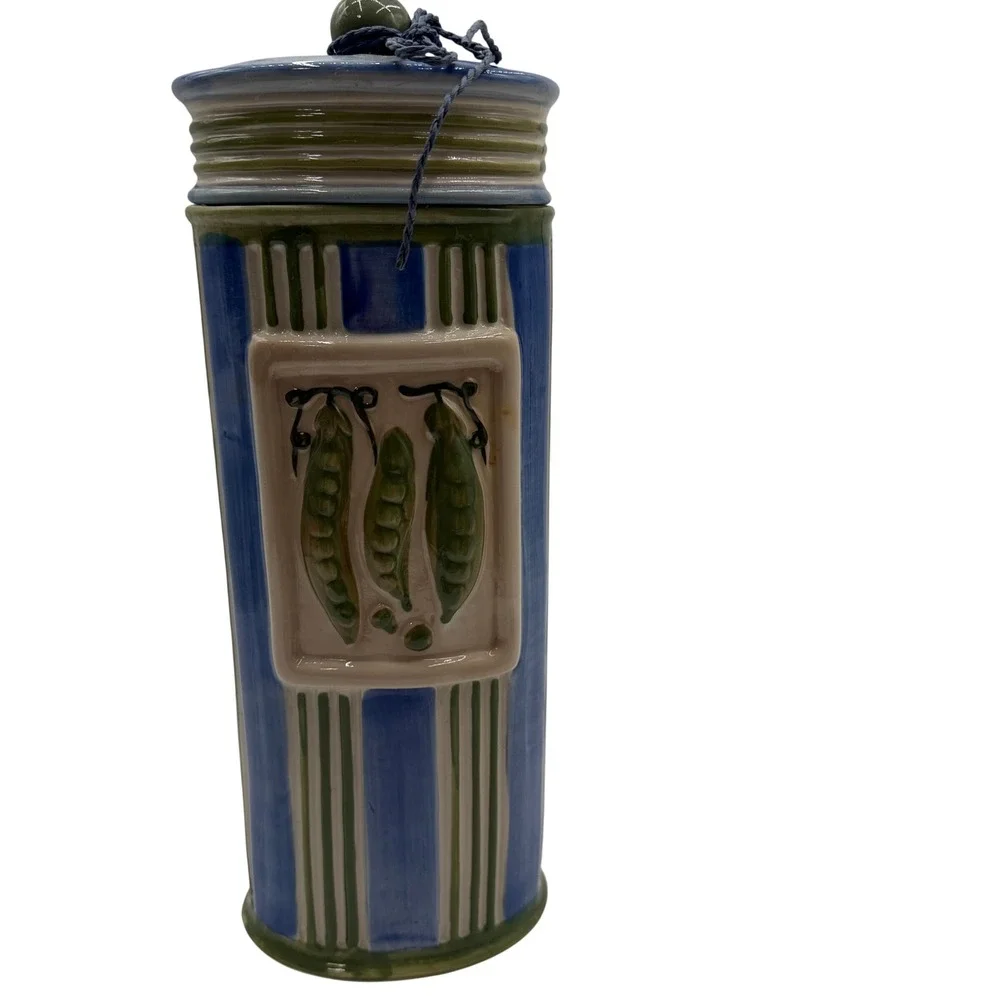 Vtg. Hand Painted Striped Ceramic Pasta Canister with Pea Pod Relief Blue Green